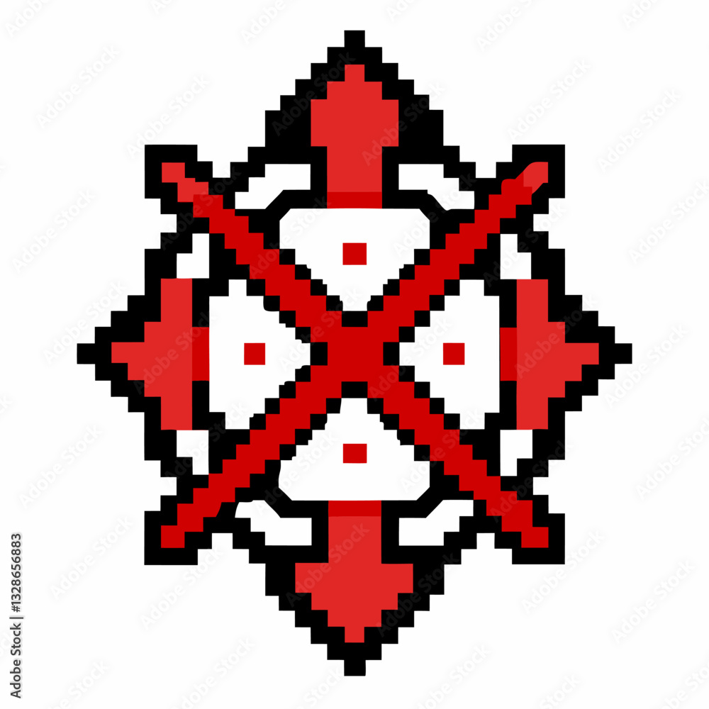 Poster retro pixel art cross pattern in red and black on white background