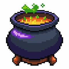 Fototapeta premium Pixel Art Cauldron with Boiling Potion and Green Steam in Retro Style