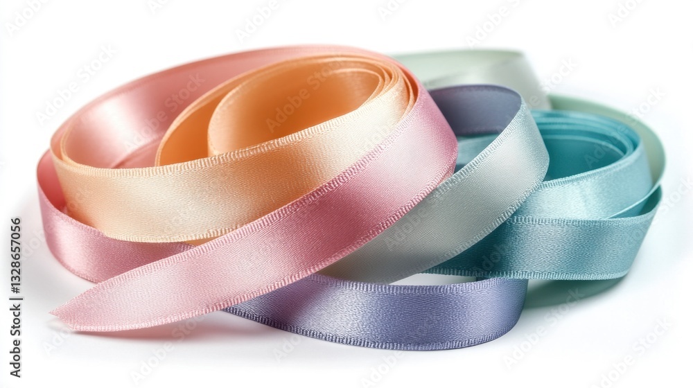 Poster pastel colored satin ribbons arranged in an overlapping pattern on a white background. the ribbons h