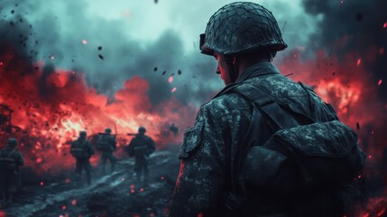 Fototapeta premium Soldier in intense battlefield scene with fiery background