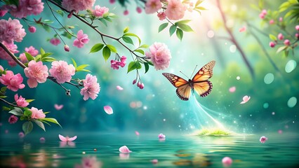 "Whimsical spring scenery with floating pink petals, lush green leaves, and a glowing butterfly in soft sunlight on a soothing turquoise canvas."
