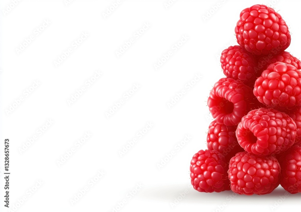 Poster close up view of a pile of ripe red raspberries on a white background. the raspberries are arranged 