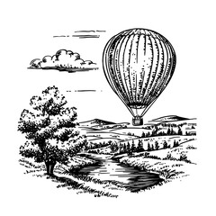 Majestic hot air balloon soaring over tranquil landscape showcasing nature's beauty and serenity in a timeless engraving style