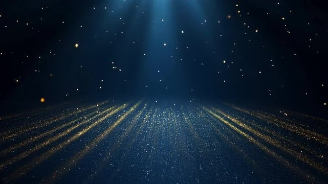 Stage opening golden stage glitter animation, spotlights and luxury blue light streak. Particle luxury for ceremony background
