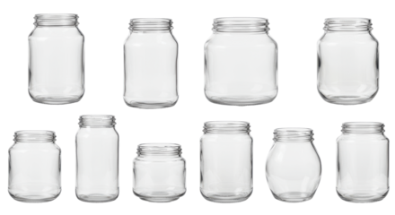 Set of ten empty transparent glass jars arranged in two rows on white background. Various shapes and sizes with visible screw-threaded openings for lids. Clear smooth glass with cylindrical, 