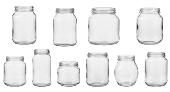 Set of ten empty transparent glass jars arranged in two rows on white background. Various shapes and sizes with visible screw-threaded openings for lids. Clear smooth glass with cylindrical, 