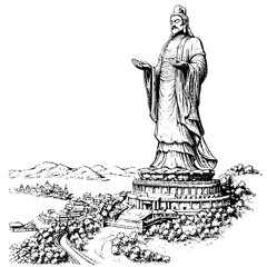 Majestic statue of a serene figure surrounded by mountains and landscape in an intricate engraving style
