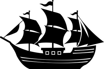 Pirate ship icon.Historic sailing ship navigating through stormy ocean water.Ship silhouette line art illustration.