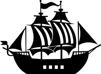Pirate ship icon.Historic sailing ship navigating through stormy ocean water.Ship silhouette line art illustration.