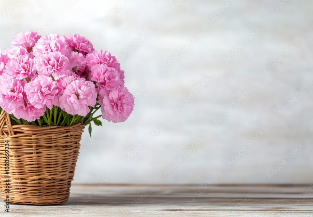 Poster pink flowers in a wicker basket on a rustic white wooden surface. soft lighting and a simple composi