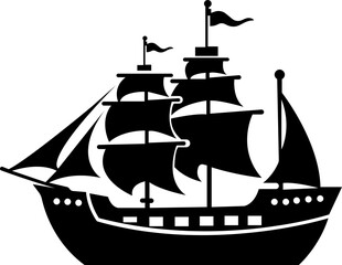 Pirate ship icon.Historic sailing ship navigating through stormy ocean water.Ship silhouette line art illustration.