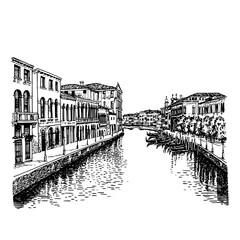 Naklejka premium Engraved tattoo-style illustration of an ornate Venetian canal lined with historic buildings