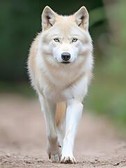 Obraz premium A pale wolf with striking blue eyes walks directly towards the viewer on a dirt path