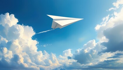 Fototapeta premium close up Crisp white Paper plane in flight airplane flying in clear blue sky with clouds and copy space