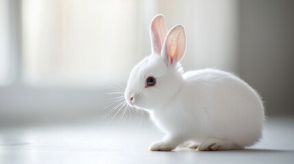 A charming white rabbit sitting on a table exuding playful energy in a bright setting with ample copy space available