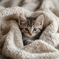 Obraz premium Adorable kitten peeking out from a soft blanket with a curious expression captured in a warm and cozy setting
