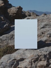 A blank canvas rests on rugged rocks in a tranquil landscape, illuminated by sunlight. The surrounding nature features distant mountains against a clear blue sky