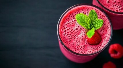 Close up overhead shot of two glasses of vibrant pink raspberry smoothies garnished with fresh mint and raspberries on a dark background.