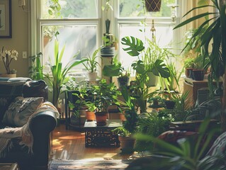 Fototapeta premium Lush Indoor Garden Oasis, Sunlit Room Filled with Thriving Houseplants