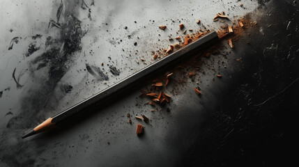 Broken Black Pencil with Scattered Wood Shavings on Dark Surface