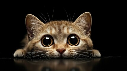 Captivating cat with big eyes posed against a dramatic black background highlighting its unique features and beauty