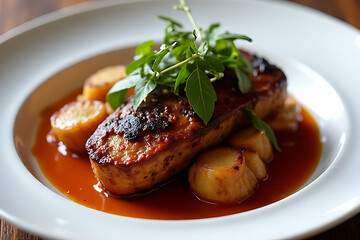 Gourmet grilled duck breast fine dining restaurant food photography elegant setting close-up