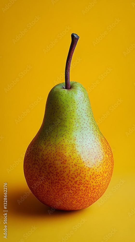 Poster close up of a single pear with green and orange tones on a yellow background. the pear is depicted w