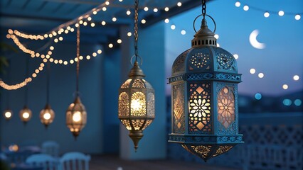 Obraz premium Warm Ramadan Glow Intricate Lanterns Illuminate A Twilight Gathering, Casting A Soft, Enchanting Light Against A Starlit Night