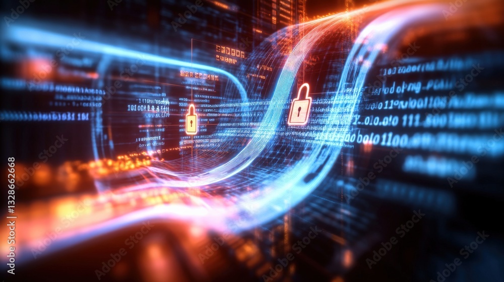 Poster cybersecurity protocols in action protecting data integrity digital landscape graphic visualization 