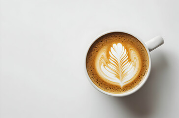 Top View of a Cup of Coffee with Intricate Latte Art on a White Background Portraying Elegance and Refinement