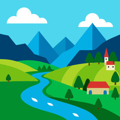 Obraz premium Rural landscape with houses vector on natural background.