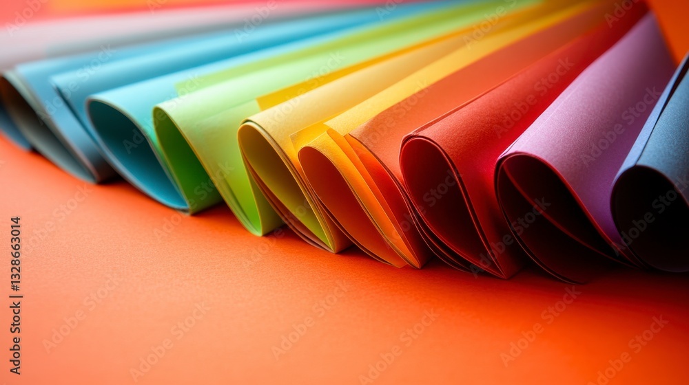 Poster vibrant rainbow colored paper sheets arranged in a curved formation on an orange background. close u