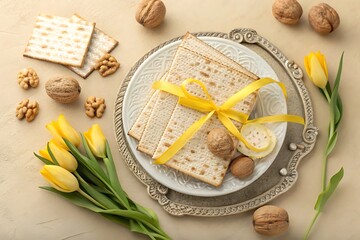 A Festive Seder Plate Featuring Matzah Bound With A Cheerful Yellow Ribbon, Surrounded By Spring Tulips And Walnuts, Celebrating Passovers Warmth And Tradition With Soft Lighting