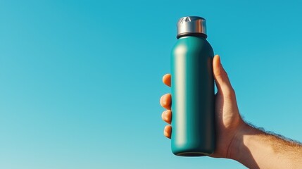 Hand holding a reusable water bottle against a clear blue sky outdoor product photography minimalist perspective