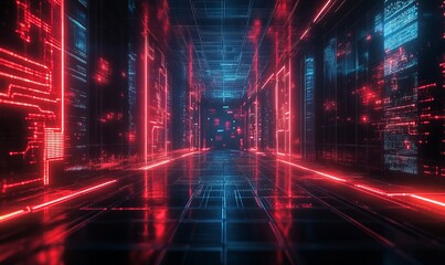 Obraz premium futuristic digital hallway glowing in neon colors.