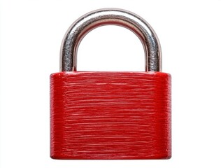 Fototapeta premium Close up view of a red padlock with a metallic shackle against a white background. The padlock shows texture and detail.