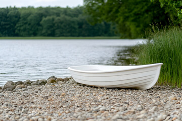 A pristine white rowboat rests on a pebbly lakeshore, tranquil waters and lush greenery in the background