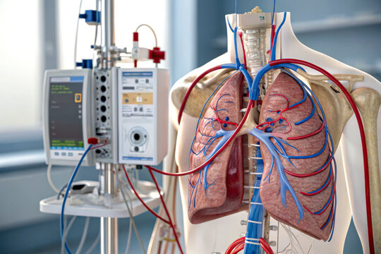 A detailed model of human lungs and circulatory system connected to medical equipment in a clinical setting.