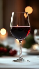 A glass of red wine sits on a table, illuminated by warm, soft lighting. The background is blurred, showing a festive setting with bokeh lights and greenery.