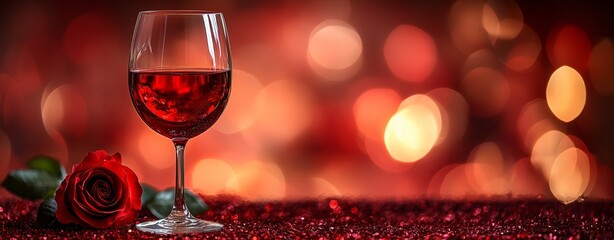 Elegant wine glass with red rose on glittery surface