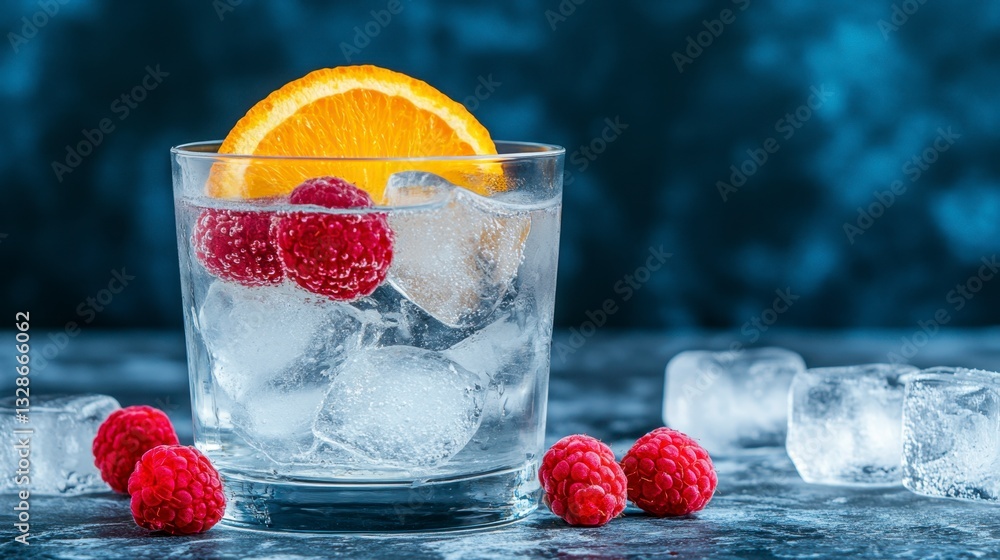 Poster refreshing drink with raspberries and orange slice in a glass with ice cubes on a dark background