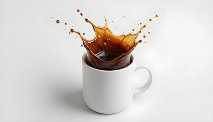 Coffee splashing saucer in a white mug white background 
