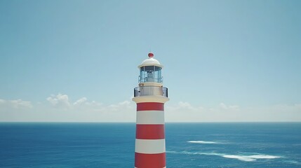 Fototapeta premium Red/white lighthouse standing tall over ocean, beacon providing navigation against clear blue sky, for coastal imagery
