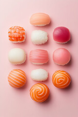 Obraz premium Colorful assorted sushi pieces arranged on pink background