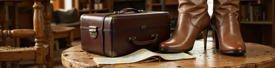 A pair of brown boots and a brown suitcase are on a table