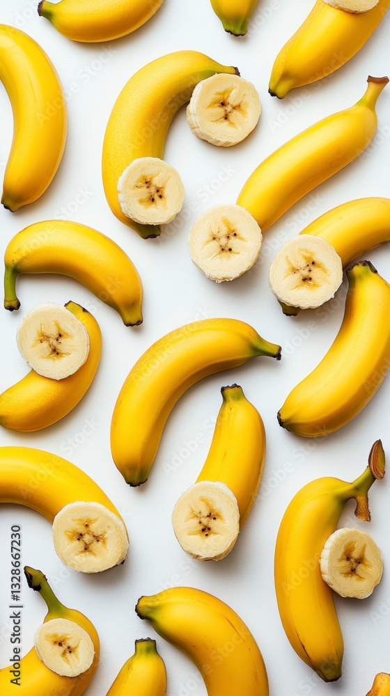 Aufkleber overhead shot of ripe yellow bananas and their slices arranged on a white background, creating a vib