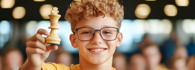 Chess Champion: A young, beaming champion triumphantly holds a chess piece, showcasing intellect, ambition, and strategic prowess.