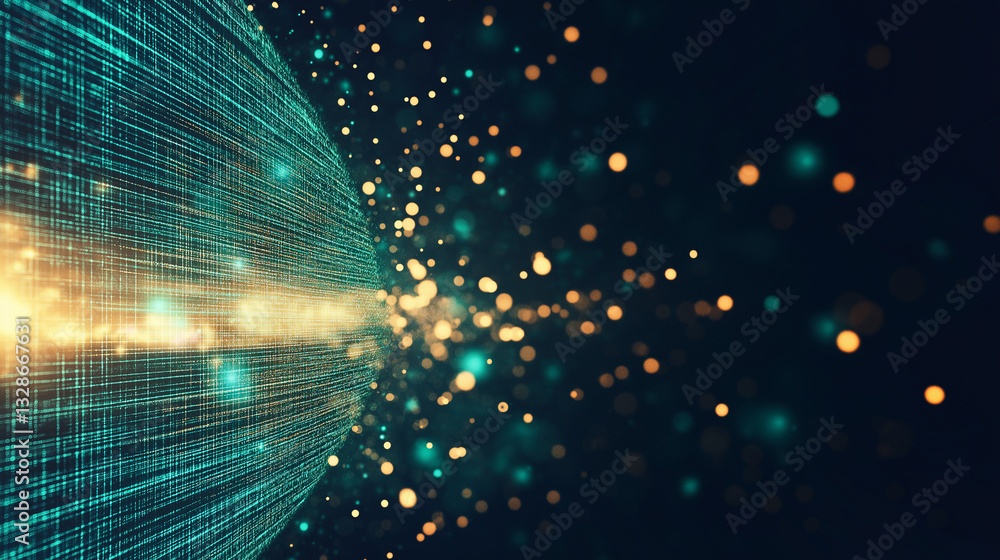 Poster data sphere eruption: a mesmerizing digital artwork depicts an explosion of data particles emanating