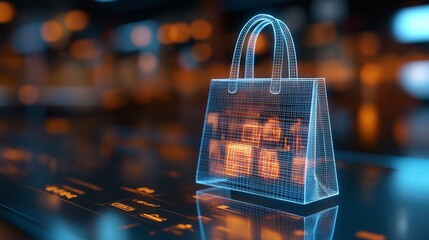 Holographic shopping bag icon representing modern retail technology for digital shopping experiences