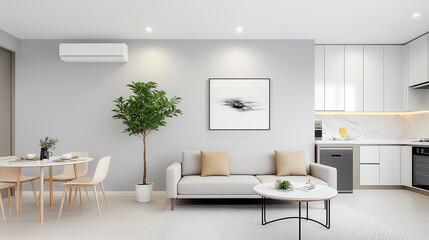 Contemporary Open-Concept Living Space: A bright and airy interior features a modern living area seamlessly connected to a stylish kitchen, embodying a harmonious blend of comfort and sophistication.